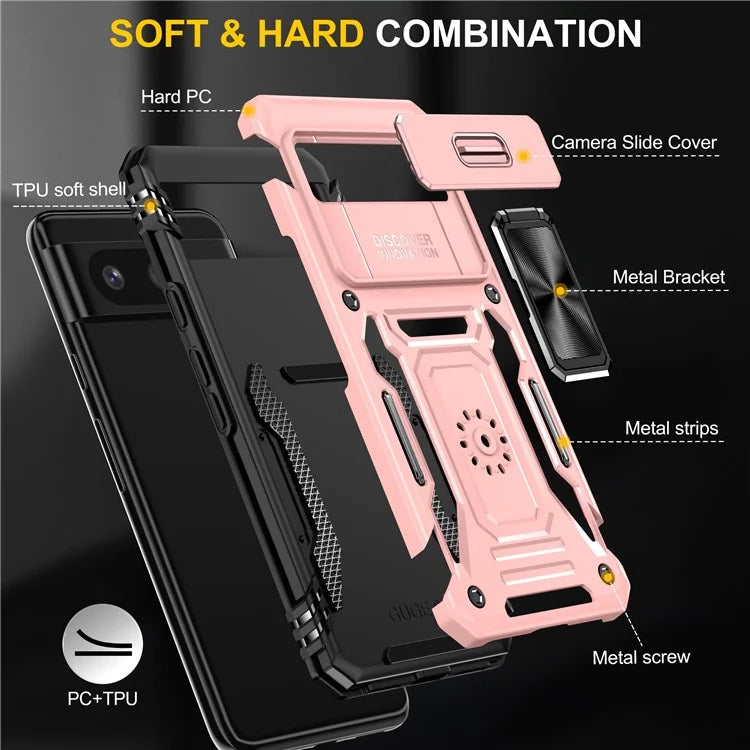 Armor Series For Google Pixel 8a Case PC+TPU Kickstand Phone Cover with Slide Lens Lid