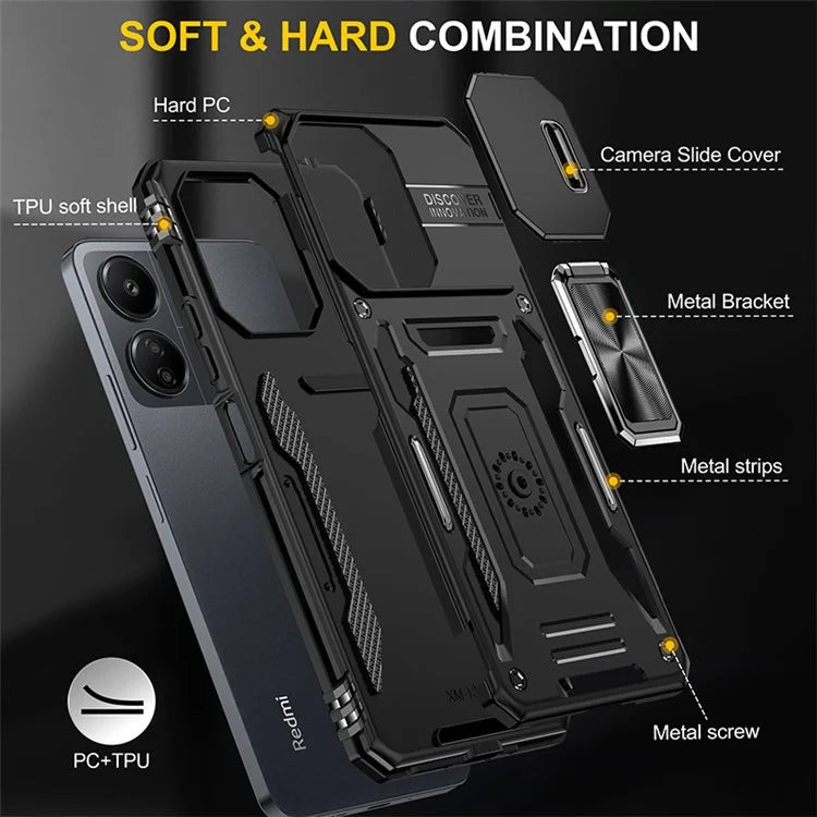 Armor Series For Xiaomi Redmi 13C 4G / 5G / 13R 5G / Poco M6 5G / Poco C65 4G Phone Case with Slide Camera Cover