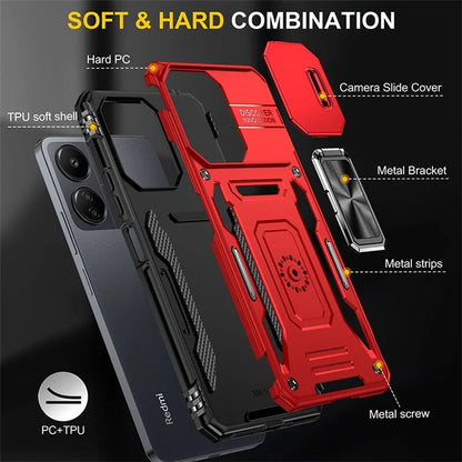 Armor Series For Xiaomi Redmi 13C 4G / 5G / 13R 5G / Poco M6 5G / Poco C65 4G Phone Case with Slide Camera Cover