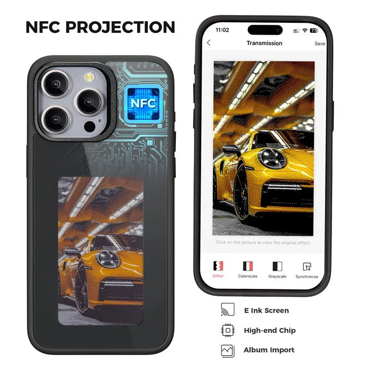 For iPhone 14 Pro E Ink Phone Case Black / White / Red / Yellow 4-Color Smart NFC Projection DIY Case