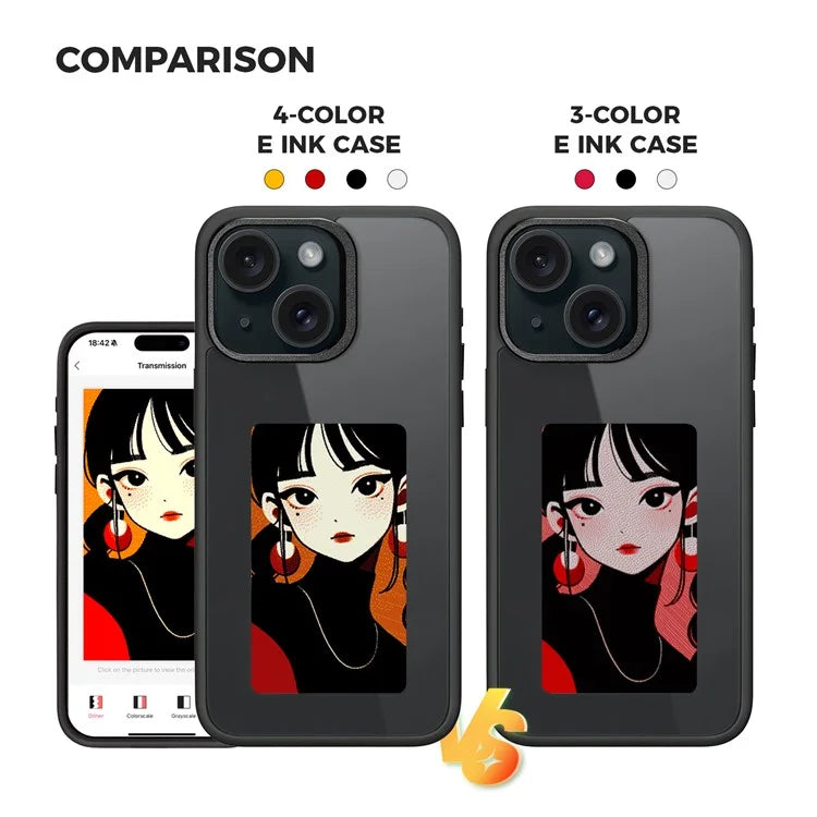 4 Color E Ink Phone Case for iPhone 15 Case Smart NFC DIY Display Imaging, Black / White / Red / Yellow