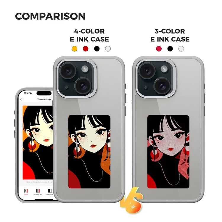 4 Color E Ink Phone Case for iPhone 15 Case Smart NFC DIY Display Imaging, Black / White / Red / Yellow