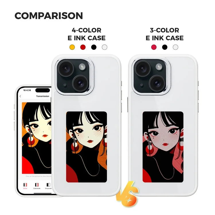 4 Color E Ink Phone Case for iPhone 15 Case Smart NFC DIY Display Imaging, Black / White / Red / Yellow