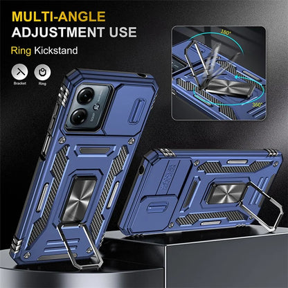 Armor Series For Motorola Moto G54 5G Case PC+TPU Kickstand Phone Cover with Slide Lens Protector