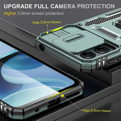 Armor Series For Motorola Moto G54 5G Case PC+TPU Kickstand Phone Cover with Slide Lens Protector