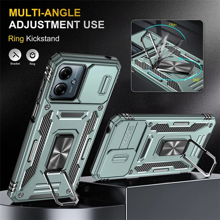 Armor Series For Motorola Moto G54 5G Case PC+TPU Kickstand Phone Cover with Slide Lens Protector