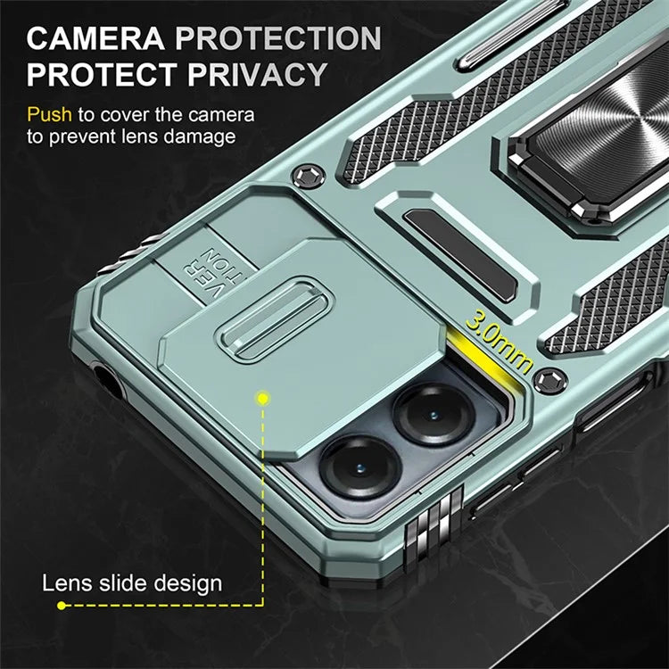 Armor Series For Motorola Moto G54 5G Case PC+TPU Kickstand Phone Cover with Slide Lens Protector