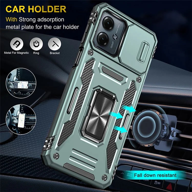 Armor Series For Motorola Moto G54 5G Case PC+TPU Kickstand Phone Cover with Slide Lens Protector