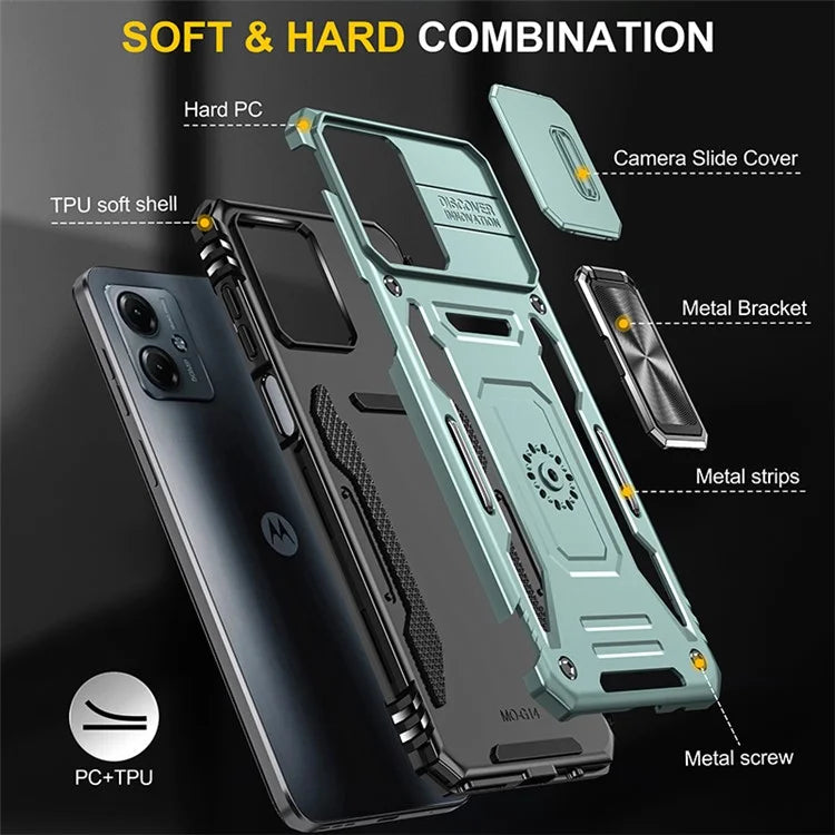 Armor Series For Motorola Moto G54 5G Case PC+TPU Kickstand Phone Cover with Slide Lens Protector