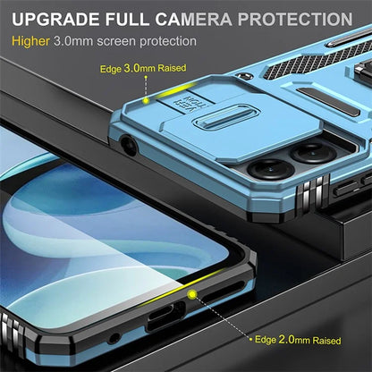 Armor Series For Motorola Moto G54 5G Case PC+TPU Kickstand Phone Cover with Slide Lens Protector