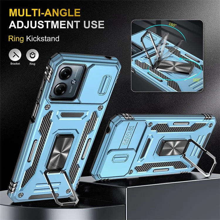 Armor Series For Motorola Moto G54 5G Case PC+TPU Kickstand Phone Cover with Slide Lens Protector
