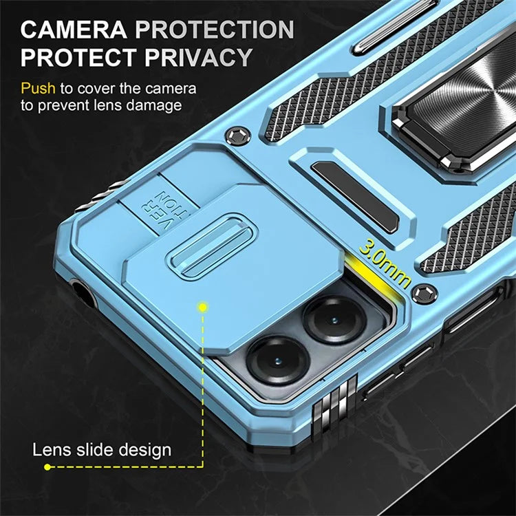 Armor Series For Motorola Moto G54 5G Case PC+TPU Kickstand Phone Cover with Slide Lens Protector