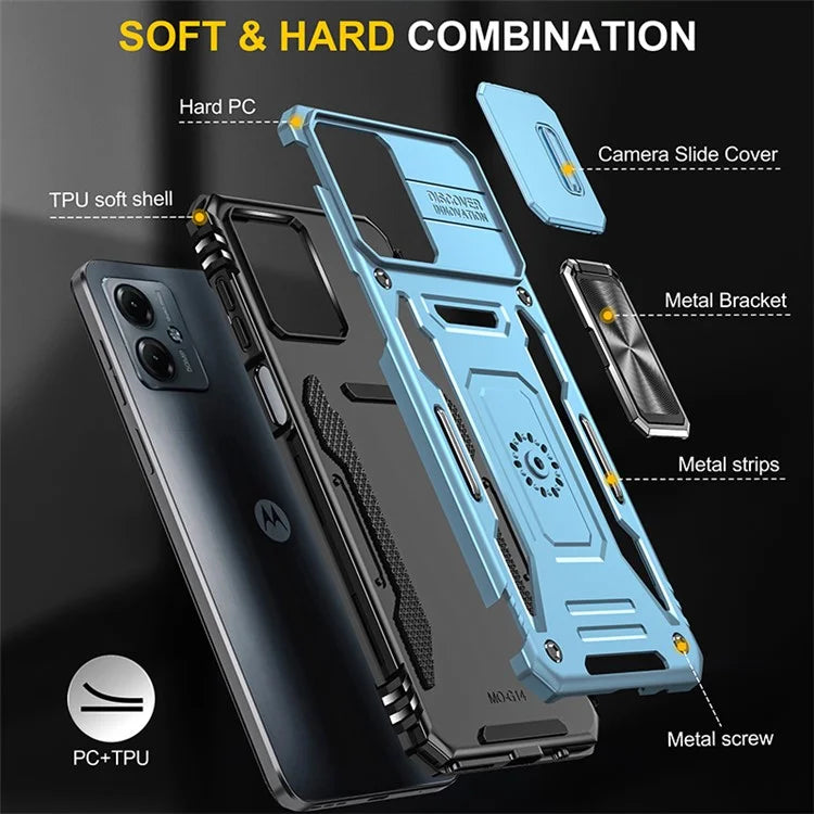 Armor Series For Motorola Moto G54 5G Case PC+TPU Kickstand Phone Cover with Slide Lens Protector