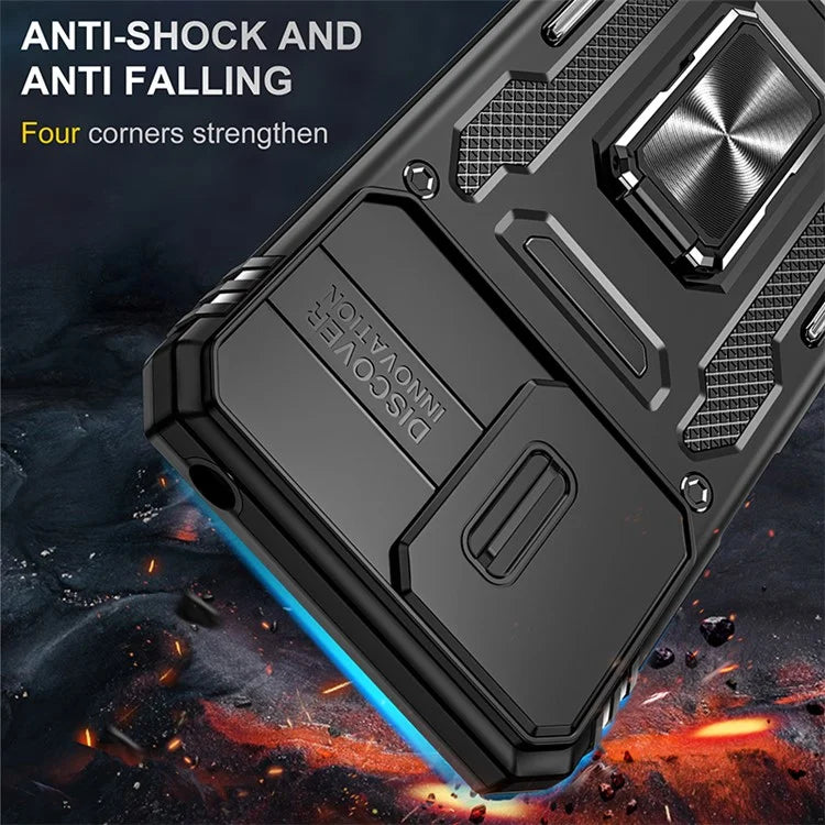 Armor Series For Motorola Moto G54 5G Case PC+TPU Kickstand Phone Cover with Slide Lens Protector