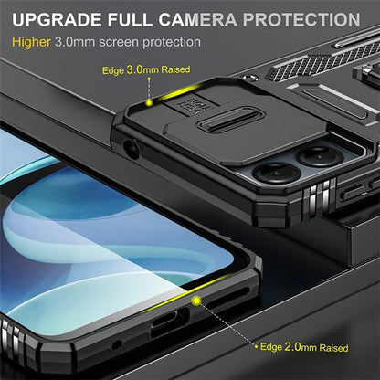 Armor Series For Motorola Moto G54 5G Case PC+TPU Kickstand Phone Cover with Slide Lens Protector