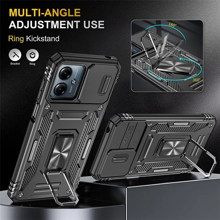 Armor Series For Motorola Moto G54 5G Case PC+TPU Kickstand Phone Cover with Slide Lens Protector