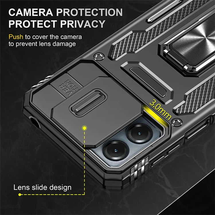 Armor Series For Motorola Moto G54 5G Case PC+TPU Kickstand Phone Cover with Slide Lens Protector