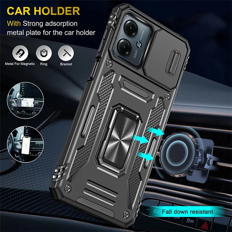 Armor Series For Motorola Moto G54 5G Case PC+TPU Kickstand Phone Cover with Slide Lens Protector