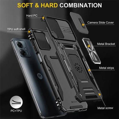 Armor Series For Motorola Moto G54 5G Case PC+TPU Kickstand Phone Cover with Slide Lens Protector