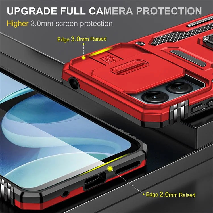 Armor Series For Motorola Moto G54 5G Case PC+TPU Kickstand Phone Cover with Slide Lens Protector