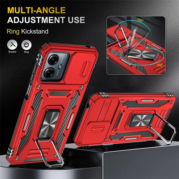 Armor Series For Motorola Moto G54 5G Case PC+TPU Kickstand Phone Cover with Slide Lens Protector