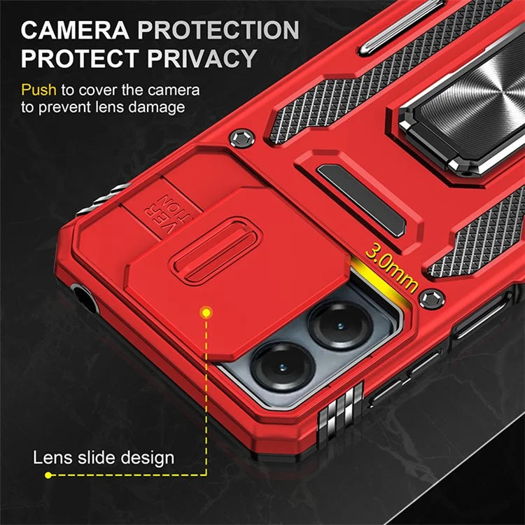 Armor Series For Motorola Moto G54 5G Case PC+TPU Kickstand Phone Cover with Slide Lens Protector
