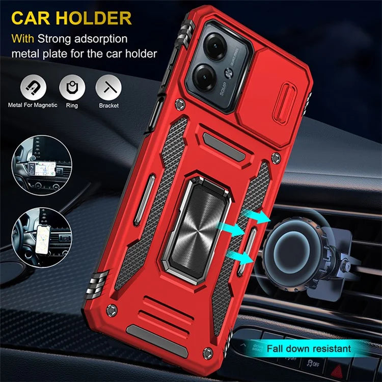 Armor Series For Motorola Moto G54 5G Case PC+TPU Kickstand Phone Cover with Slide Lens Protector