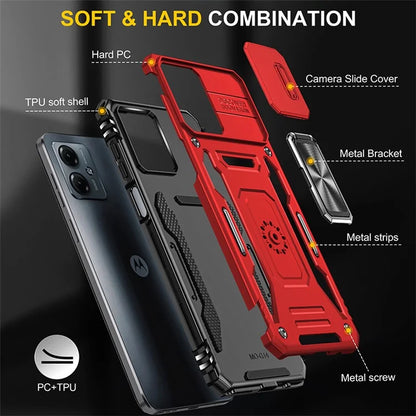 Armor Series For Motorola Moto G54 5G Case PC+TPU Kickstand Phone Cover with Slide Lens Protector