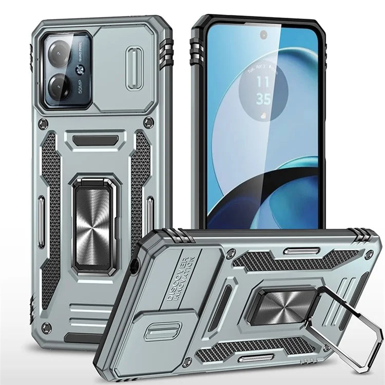 Armor Series For Motorola Moto G54 5G Case PC+TPU Kickstand Phone Cover with Slide Lens Protector