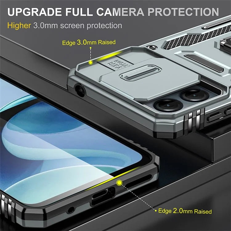 Armor Series For Motorola Moto G54 5G Case PC+TPU Kickstand Phone Cover with Slide Lens Protector