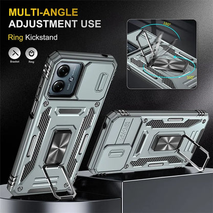 Armor Series For Motorola Moto G54 5G Case PC+TPU Kickstand Phone Cover with Slide Lens Protector