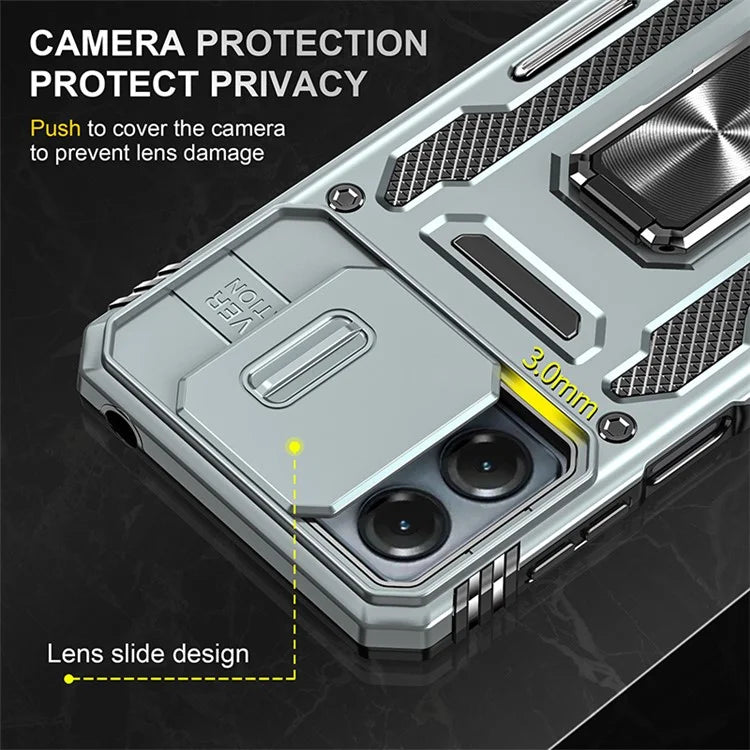 Armor Series For Motorola Moto G54 5G Case PC+TPU Kickstand Phone Cover with Slide Lens Protector