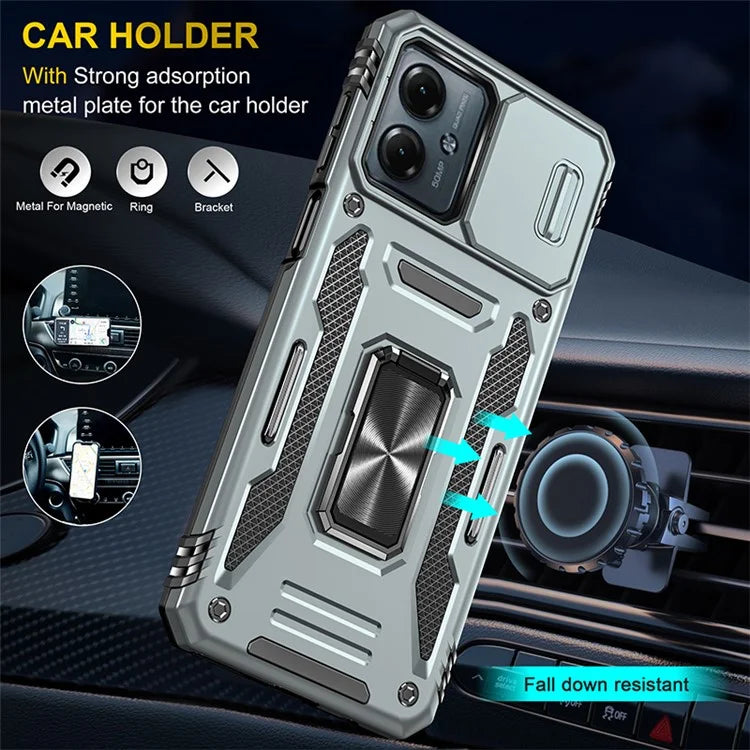 Armor Series For Motorola Moto G54 5G Case PC+TPU Kickstand Phone Cover with Slide Lens Protector