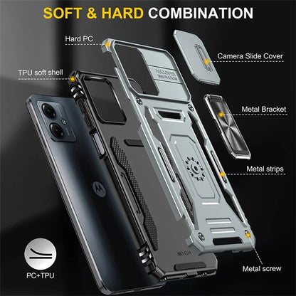 Armor Series For Motorola Moto G54 5G Case PC+TPU Kickstand Phone Cover with Slide Lens Protector
