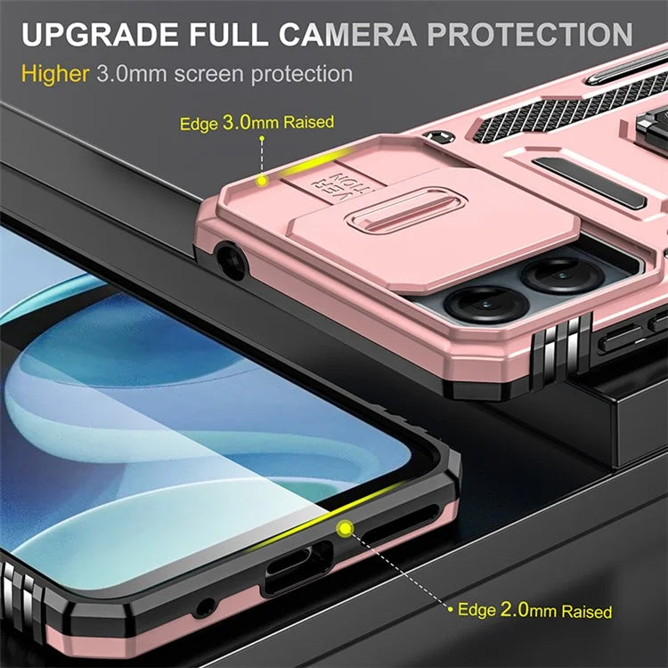 Armor Series For Motorola Moto G54 5G Case PC+TPU Kickstand Phone Cover with Slide Lens Protector