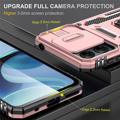 Armor Series For Motorola Moto G54 5G Case PC+TPU Kickstand Phone Cover with Slide Lens Protector