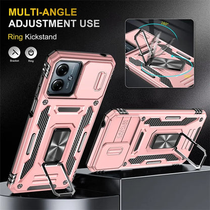 Armor Series For Motorola Moto G54 5G Case PC+TPU Kickstand Phone Cover with Slide Lens Protector