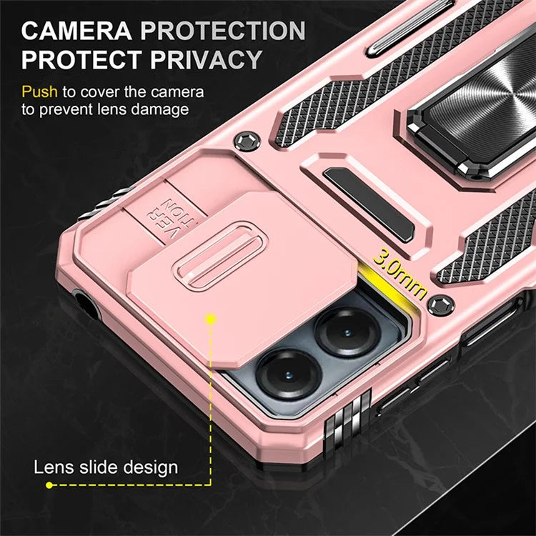 Armor Series For Motorola Moto G54 5G Case PC+TPU Kickstand Phone Cover with Slide Lens Protector