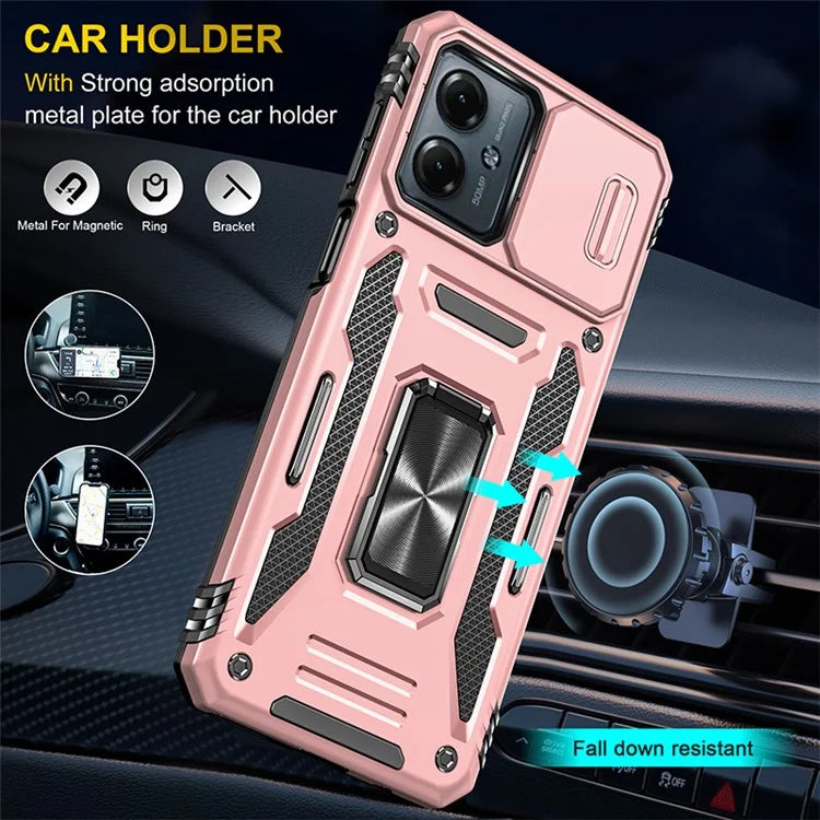 Armor Series For Motorola Moto G54 5G Case PC+TPU Kickstand Phone Cover with Slide Lens Protector