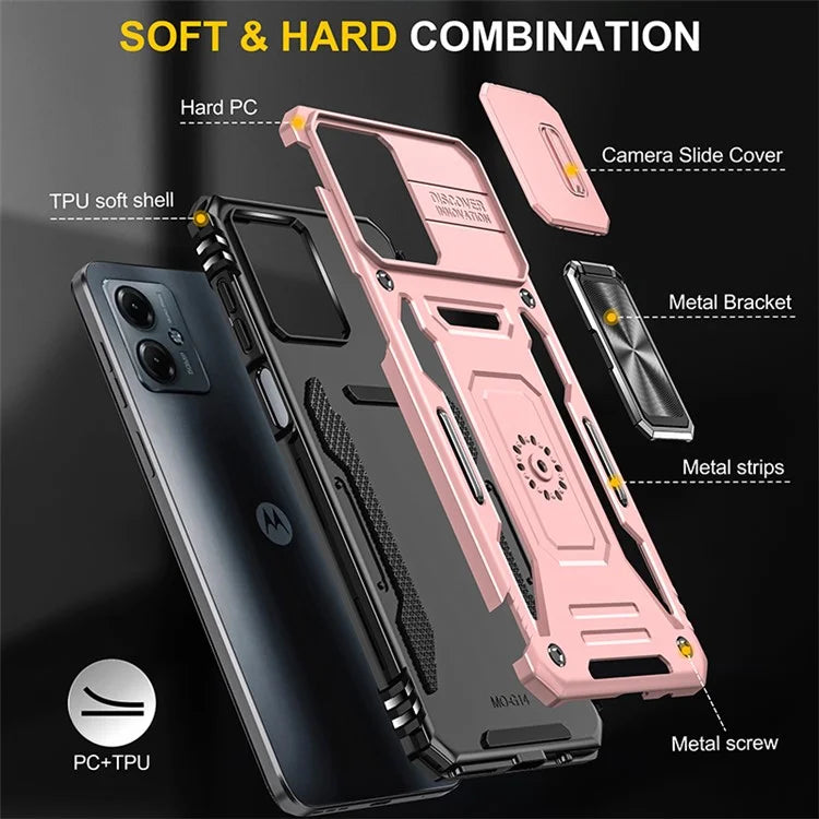 Armor Series For Motorola Moto G54 5G Case PC+TPU Kickstand Phone Cover with Slide Lens Protector