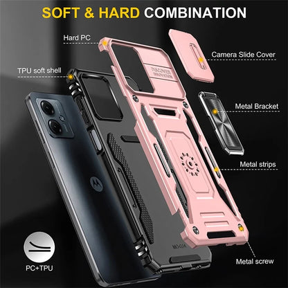 Armor Series For Motorola Moto G54 5G Case PC+TPU Kickstand Phone Cover with Slide Lens Protector