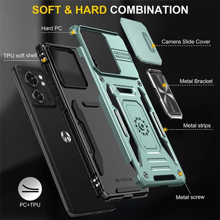 Armor Series For Motorola Edge 40 5G Kickstand Case PC+TPU Phone Cover with Slide Lens Protector