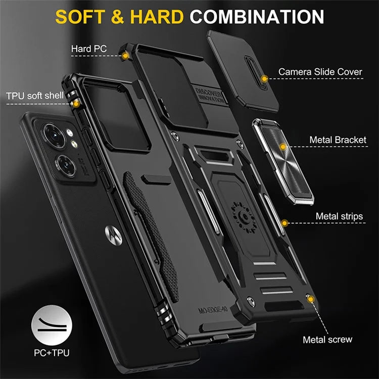 Armor Series For Motorola Edge 40 5G Kickstand Case PC+TPU Phone Cover with Slide Lens Protector