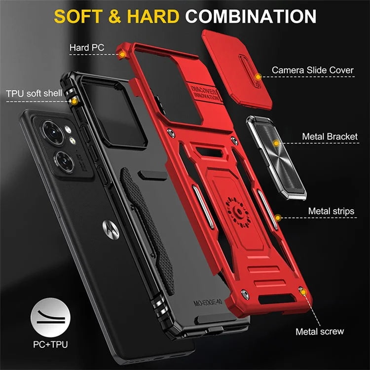 Armor Series For Motorola Edge 40 5G Kickstand Case PC+TPU Phone Cover with Slide Lens Protector