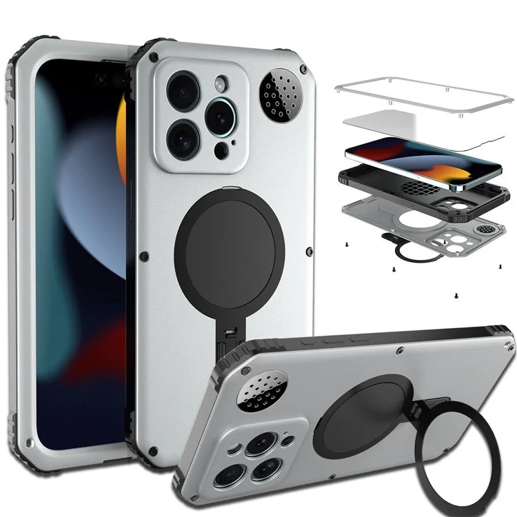 For iPhone 15 Pro Max Magnetic Case Kickstand Metal+TPU Phone Cover with Tempered Glass Film