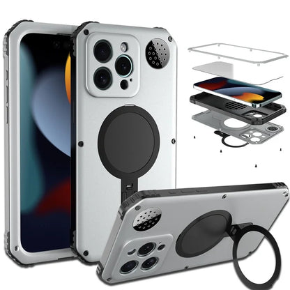 For iPhone 15 Pro Max Magnetic Case Kickstand Metal+TPU Phone Cover with Tempered Glass Film