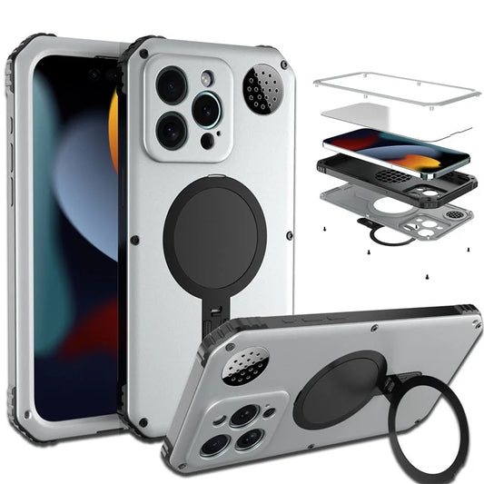 For iPhone 15 Pro Max Magnetic Case Kickstand Metal+TPU Phone Cover with Tempered Glass Film