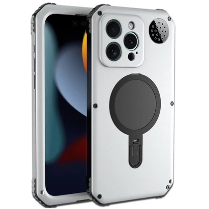 For iPhone 15 Pro Max Magnetic Case Kickstand Metal+TPU Phone Cover with Tempered Glass Film