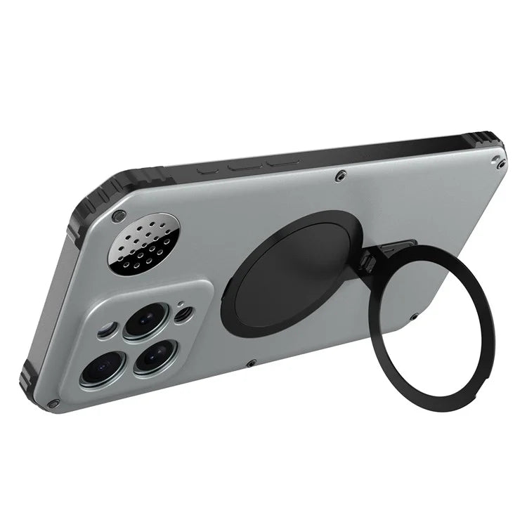 For iPhone 15 Pro Max Magnetic Case Kickstand Metal+TPU Phone Cover with Tempered Glass Film