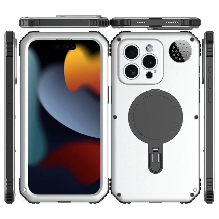 For iPhone 15 Pro Max Magnetic Case Kickstand Metal+TPU Phone Cover with Tempered Glass Film